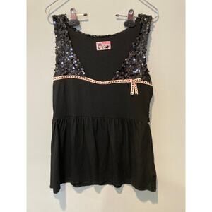 Fiorruci Pinup Sequin Cotton Tank Top Black Pink Ribbon Sz S Empire Waist